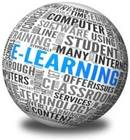 Die Grafik zeigt eine Weltkugel mit verschiedenen Schriftzügen. In der Mitte ist in blauer Schrift der Text "E-Learning" zu lesen.